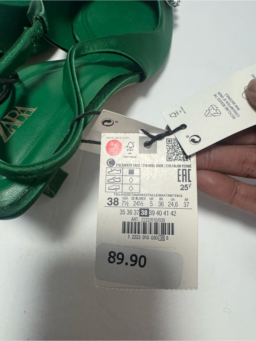 Zara Emerald Satin Pointed Slingback Heels with Crystal Bow Size 38 New w/ Tags - Picture 5 of 7